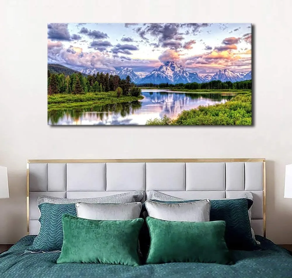 arteWOODS Nature Canvas Wall Art - Mountain River Forest Picture Oxbow Bend Grand Teton Landscape Wall Decor Artwork Green Painting Print for Living Room Bedroom Home Office Decoration 29" x 58"