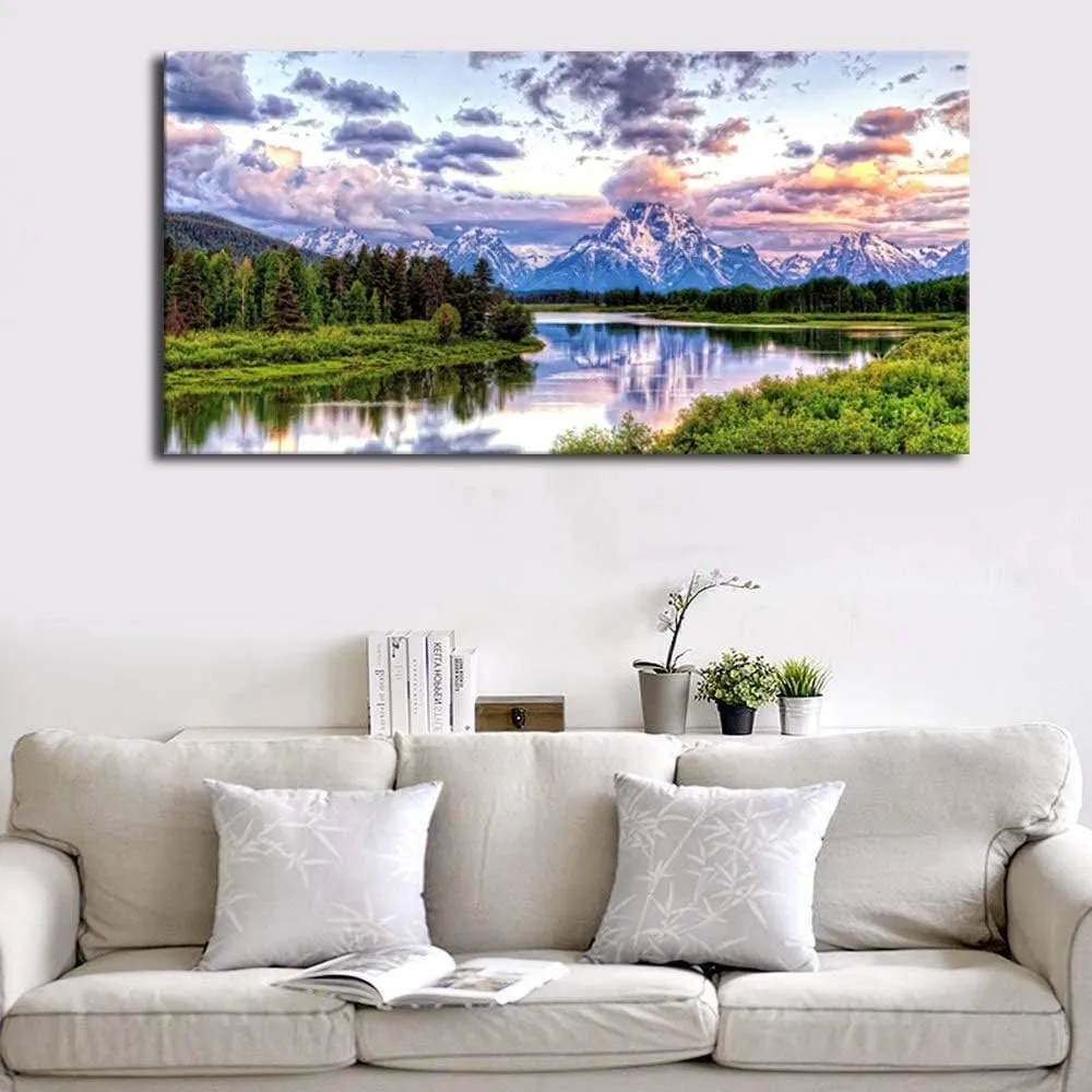 arteWOODS Nature Canvas Wall Art - Mountain River Forest Picture Oxbow Bend Grand Teton Landscape Wall Decor Artwork Green Painting Print for Living Room Bedroom Home Office Decoration 29" x 58"