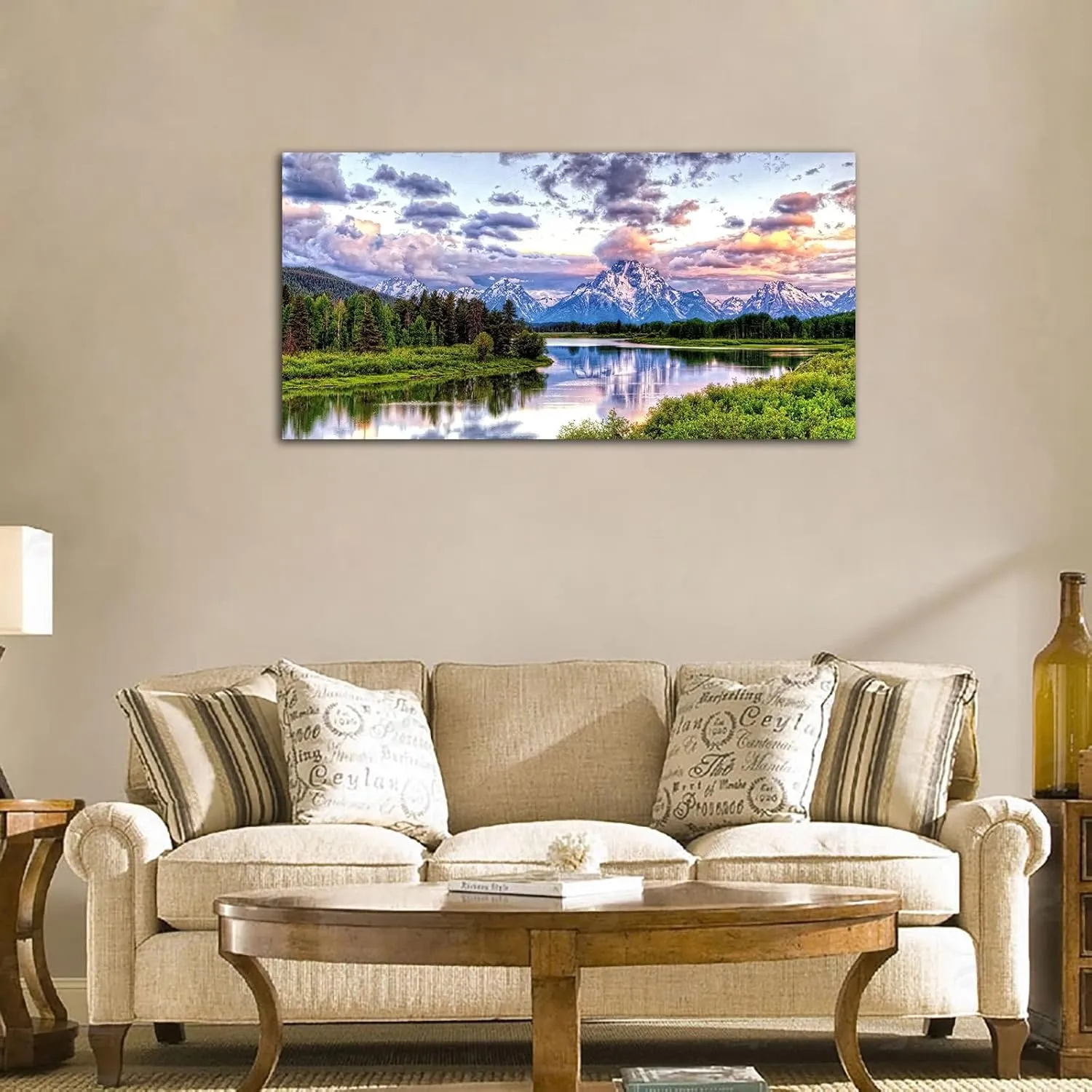 arteWOODS Nature Canvas Wall Art - Mountain River Forest Picture Oxbow Bend Grand Teton Landscape Wall Decor Artwork Green Painting Print for Living Room Bedroom Home Office Decoration 29" x 58"