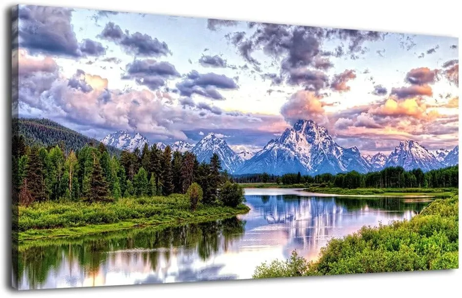 arteWOODS Nature Canvas Wall Art - Mountain River Forest Picture Oxbow Bend Grand Teton Landscape Wall Decor Artwork Green Painting Print for Living Room Bedroom Home Office Decoration 29" x 58"