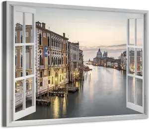 ARTISTIC PATH Venice Night Scene Wall Art: Italy Cityscape Canvas Water City Picture Fake Window Port Town Prints Artwork for Living Room Bedroom Office