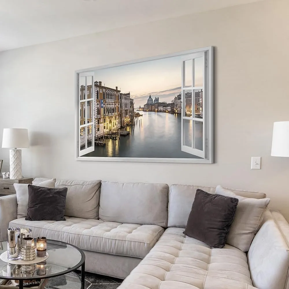 ARTISTIC PATH Venice Night Scene Wall Art: Italy Cityscape Canvas Water City Picture Fake Window Port Town Prints Artwork for Living Room Bedroom Office
