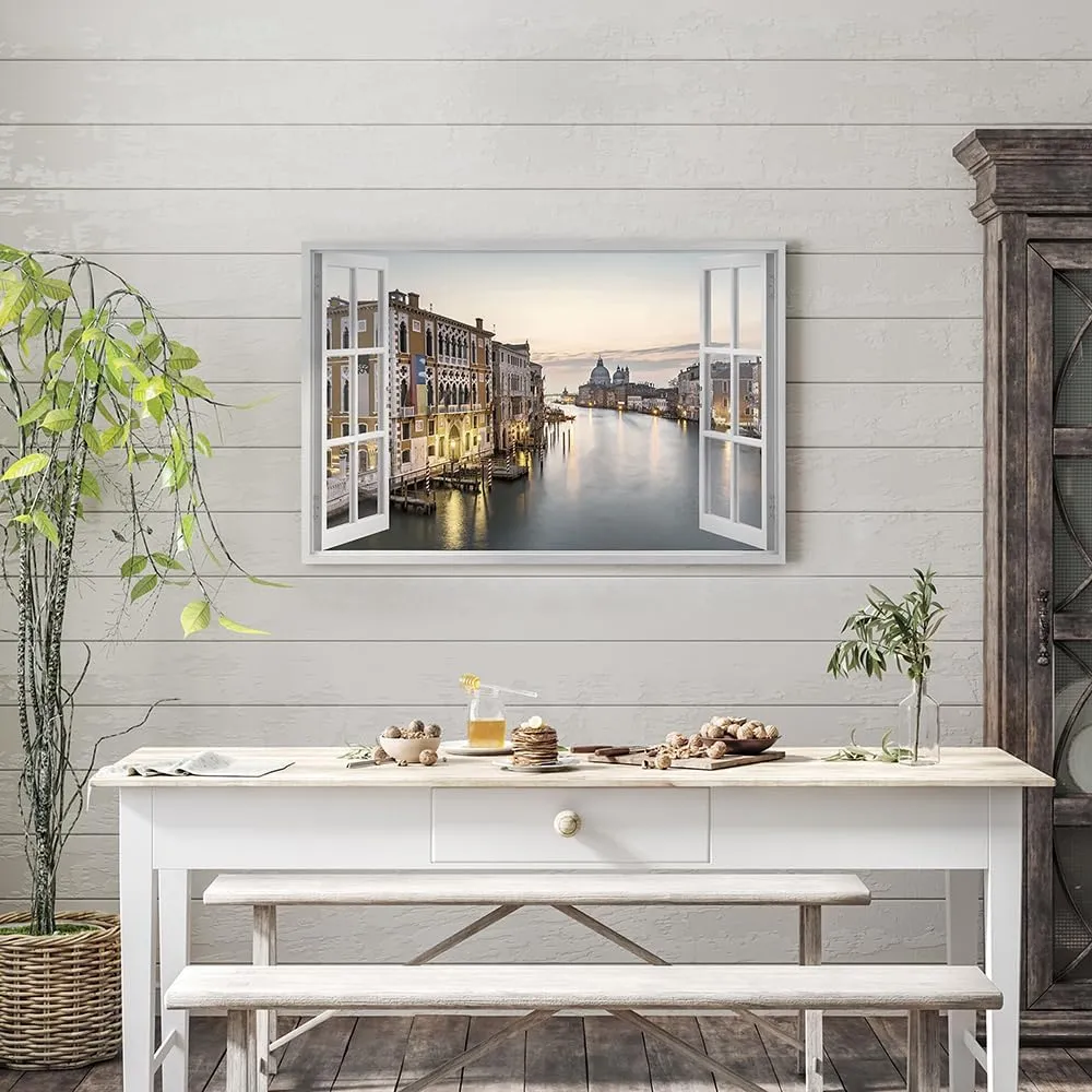 ARTISTIC PATH Venice Night Scene Wall Art: Italy Cityscape Canvas Water City Picture Fake Window Port Town Prints Artwork for Living Room Bedroom Office