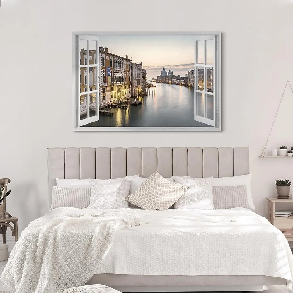 ARTISTIC PATH Venice Night Scene Wall Art: Italy Cityscape Canvas Water City Picture Fake Window Port Town Prints Artwork for Living Room Bedroom Office