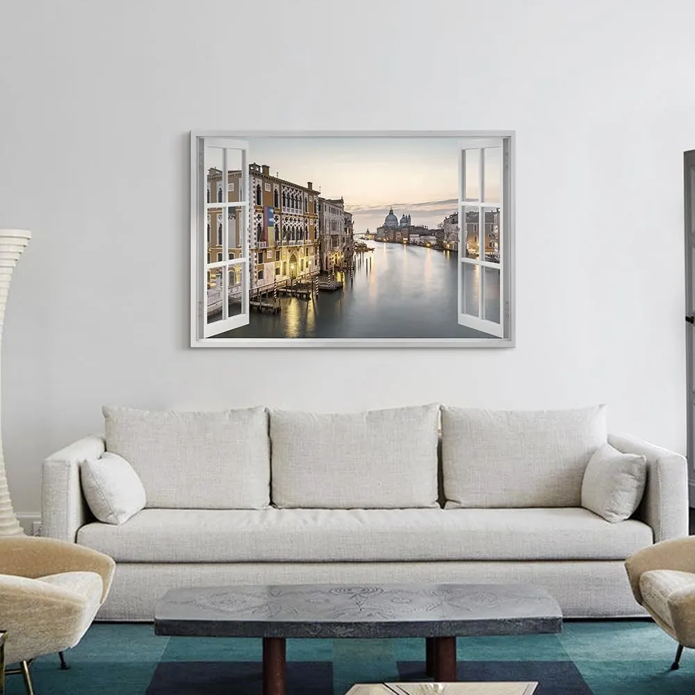 ARTISTIC PATH Venice Night Scene Wall Art: Italy Cityscape Canvas Water City Picture Fake Window Port Town Prints Artwork for Living Room Bedroom Office