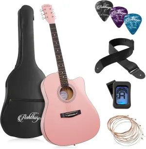 Ashthorpe 41-inch Beginner Cutaway Acoustic Guitar Package (Pink), Full Size Basic Starter Kit w/Gig Bag, Strings, Strap, Tuner, Picks