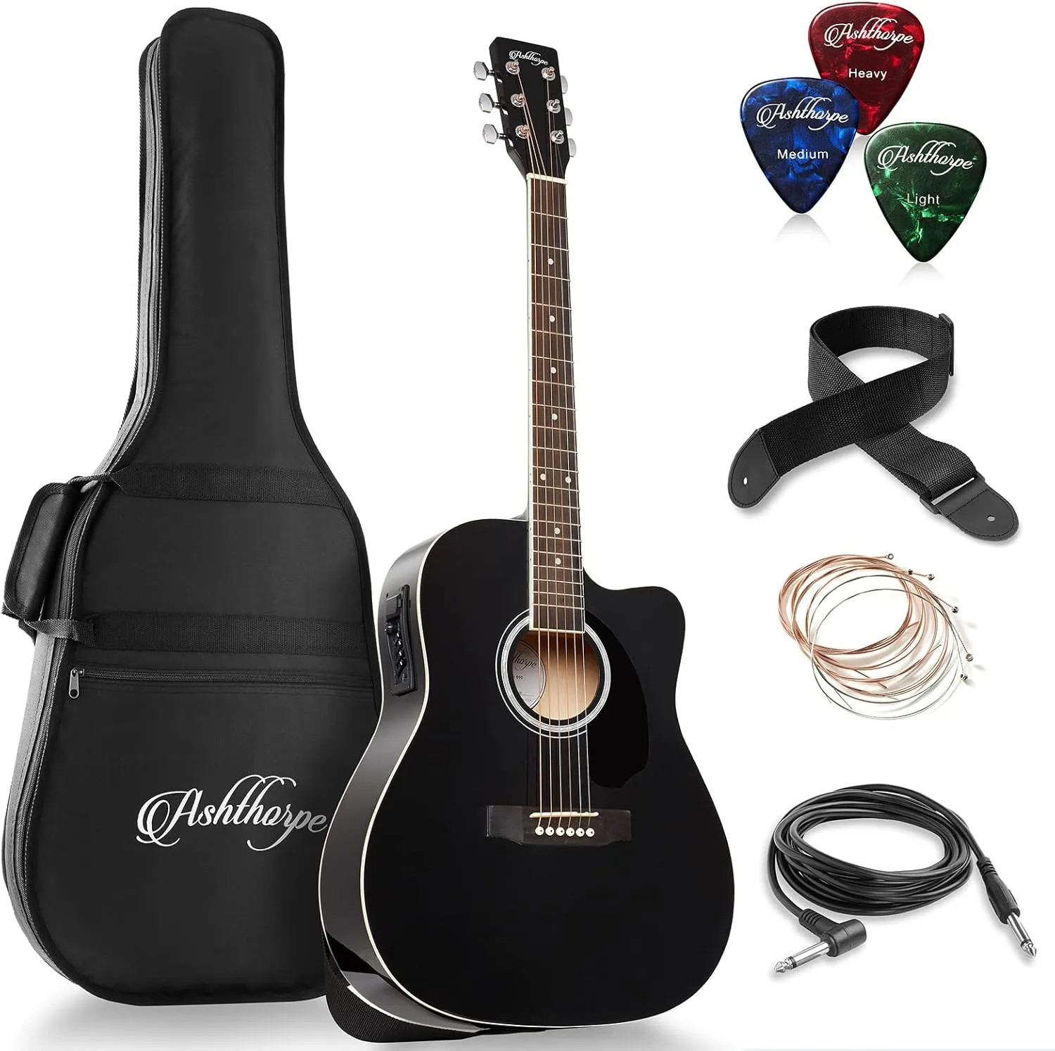 Ashthorpe Full-Size Dreadnought Cutaway Acoustic-Electric Guitar Bundle - Premium Tonewoods - Black