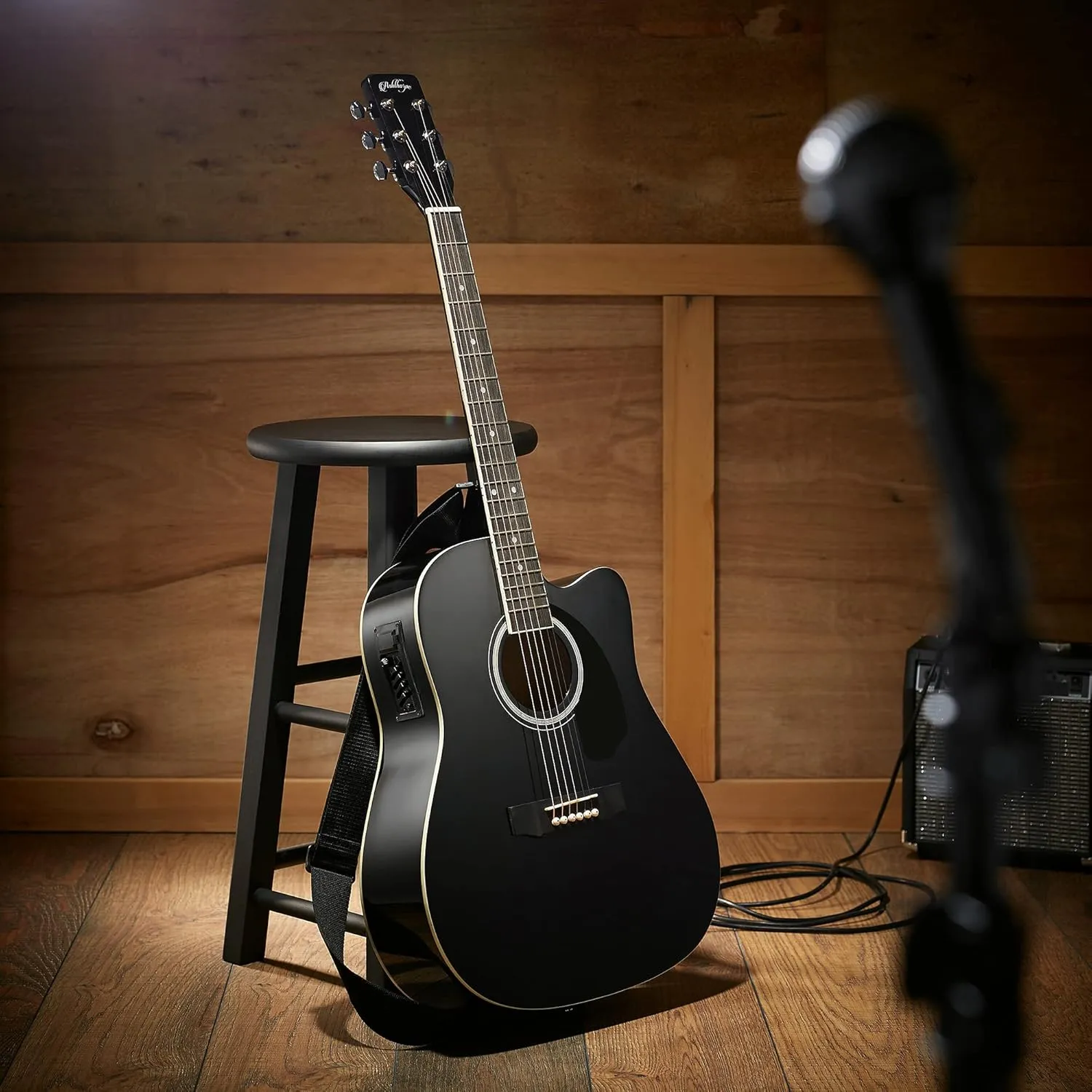 Ashthorpe Full-Size Dreadnought Cutaway Acoustic-Electric Guitar Bundle - Premium Tonewoods - Black