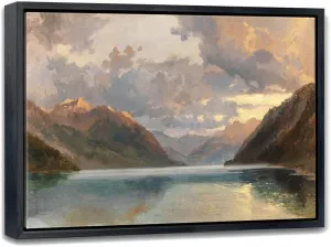 Aubeeba Lake Wall Art Framed Mountain Scenery Picture Prints，Vintage Landscape Wall Art Canvas Painting for Living Room And Home Decor 12x16 inches