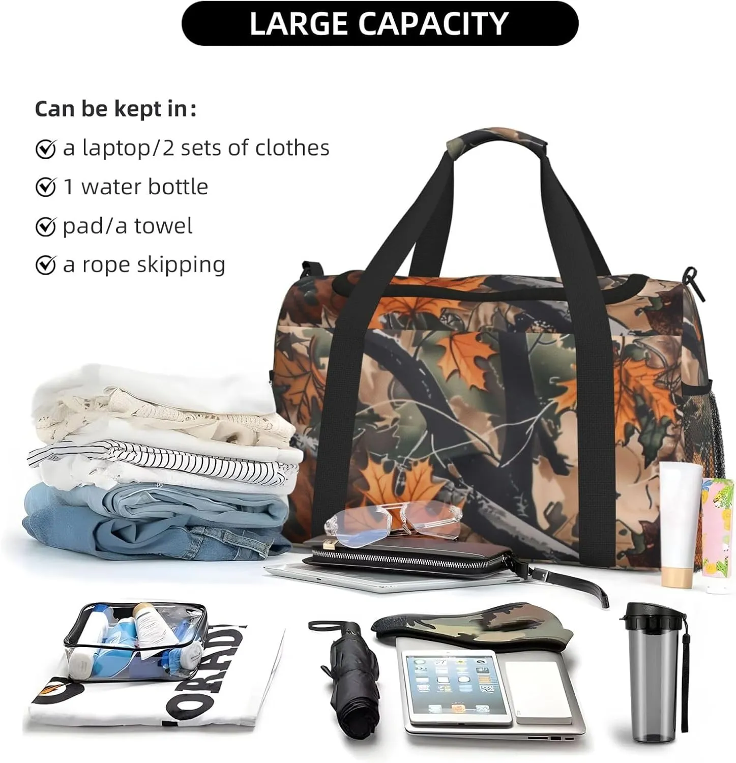 Autumn Leaves Camouflage Duffle Bag Foldable Travel Tote Bag Carry On Large Weekender Overnight Bags Waterproof Gym Bag For Women Men