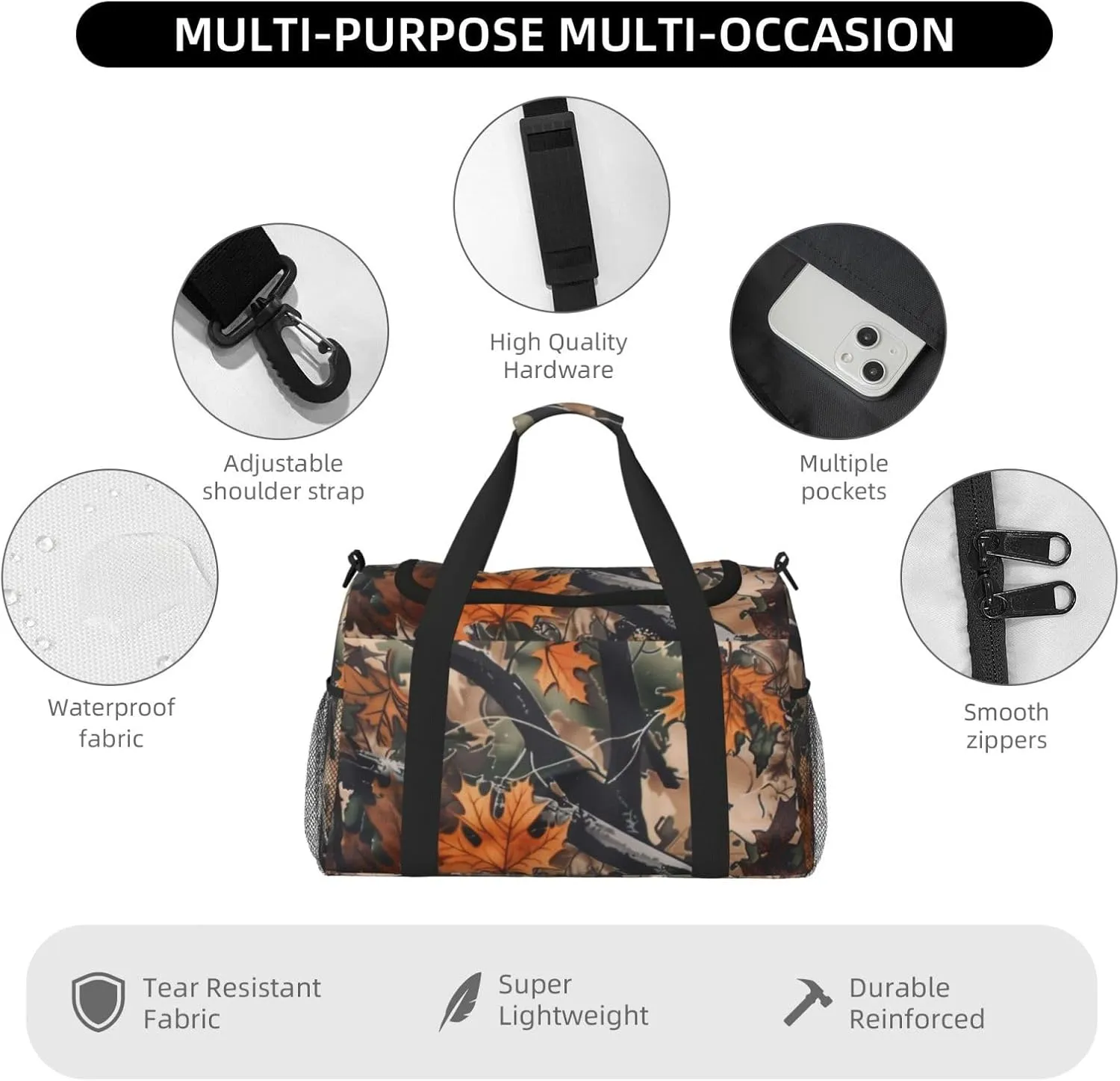 Autumn Leaves Camouflage Duffle Bag Foldable Travel Tote Bag Carry On Large Weekender Overnight Bags Waterproof Gym Bag For Women Men