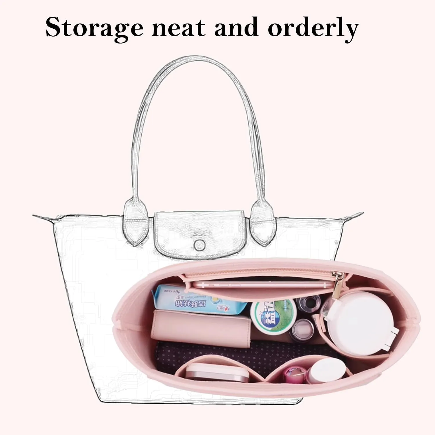 Bag Insert Organizer, purse accessories, Suitable For Longchamp long handle tote organizer (Brown, M（long handle）)