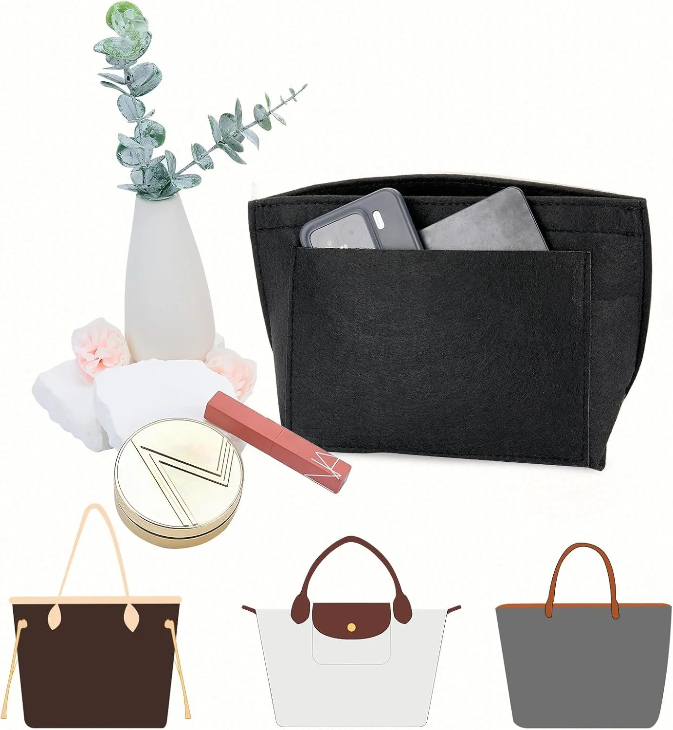Bag Organizer Insert for Tote Bag, Felt Purse Organizer Handbag Backpack Compatible with Longchamp, Le Pliage, LV, Coach