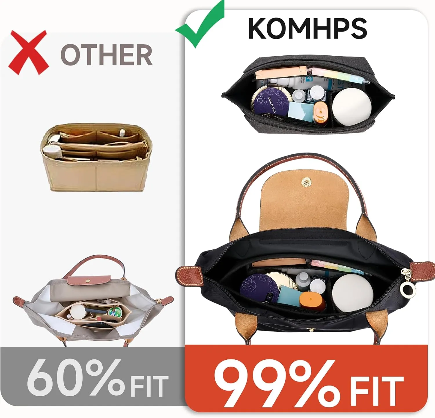 Bag Organizer Insert for Tote Bag, Felt Purse Organizer Handbag Backpack Compatible with Longchamp, Le Pliage, LV, Coach