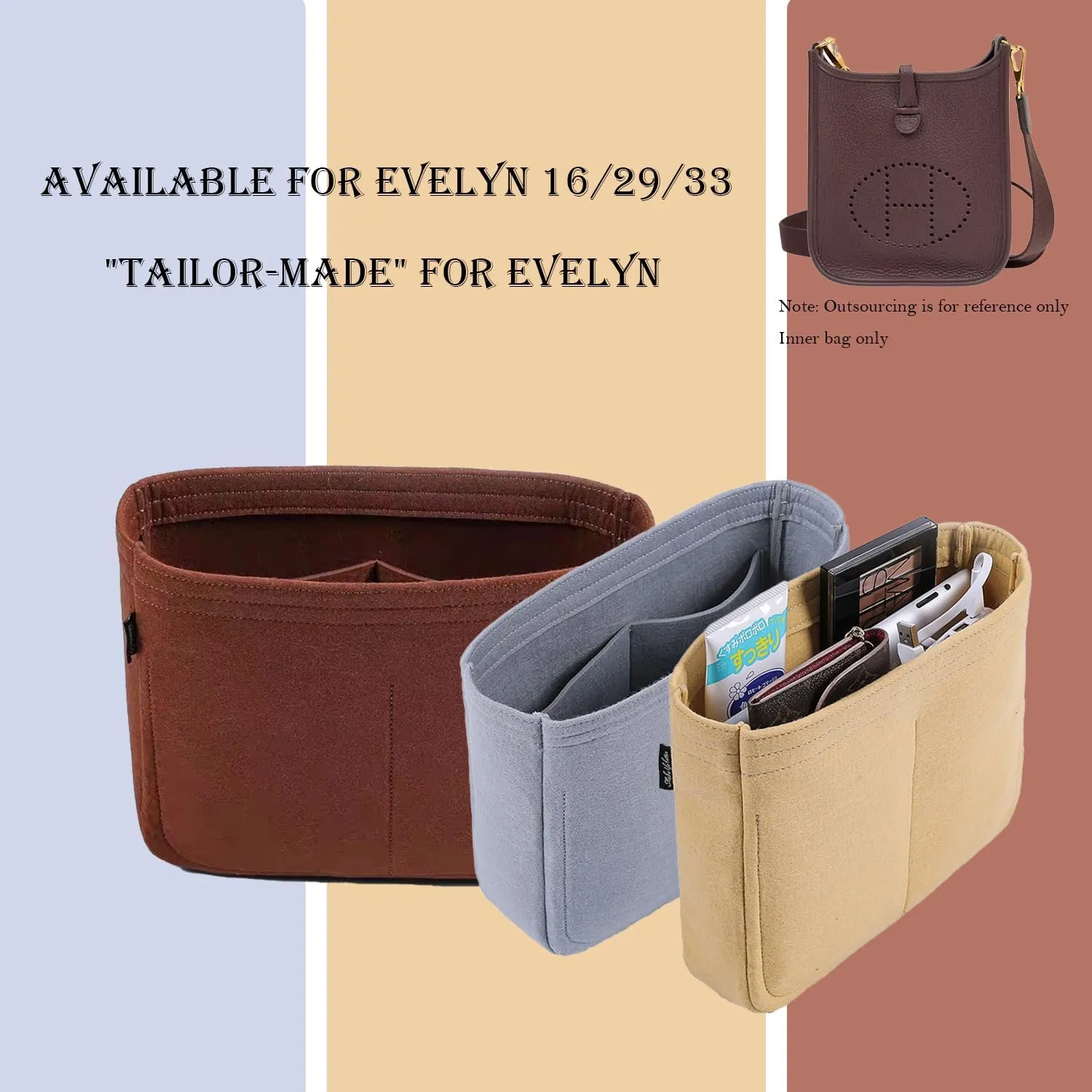 Bag Organizer Insert, Tote Purse Insert, Pocket Wallet Divider for Hermes Evelyne 16/29/33(M(10.2×3×8.2),Grey)