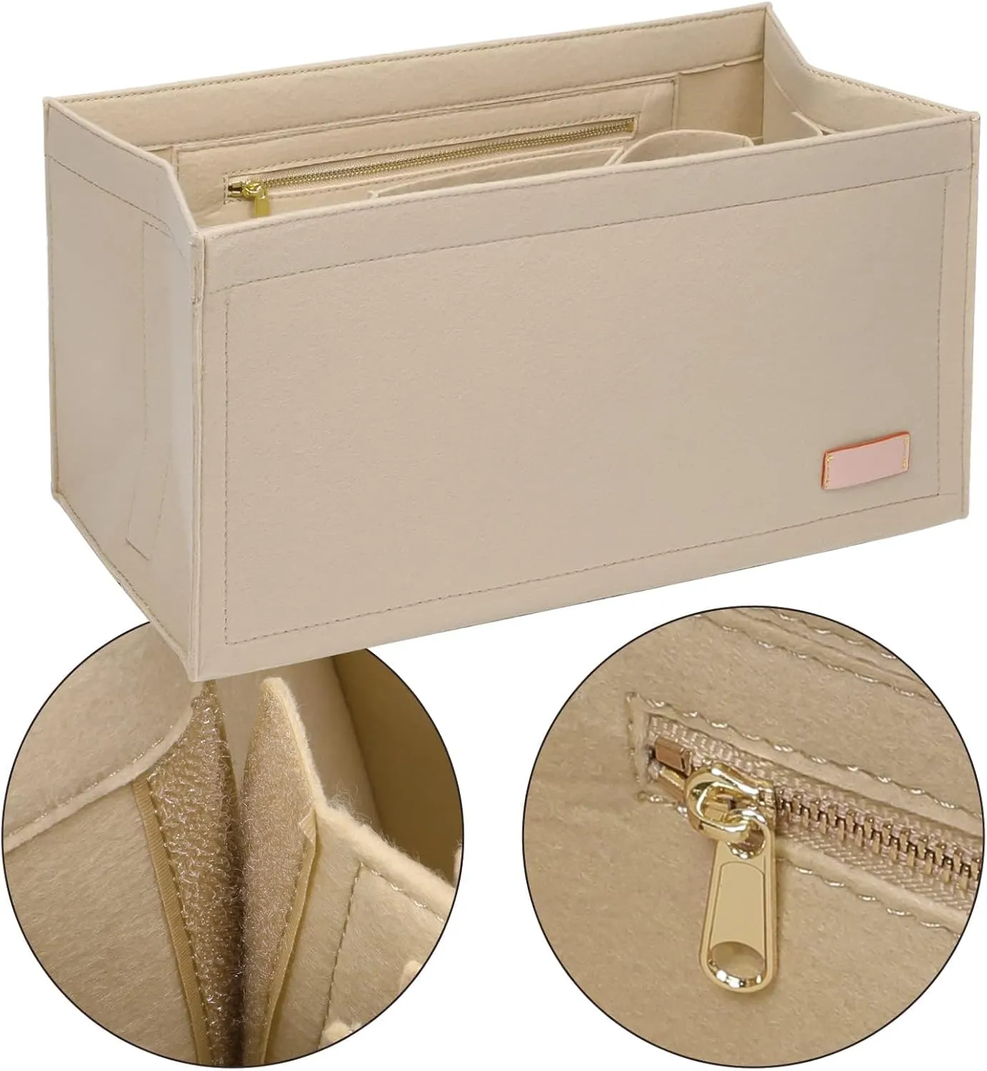 Bag Organizer Insert,Tote Bag Insert For On The Go MM, Handbag Inner Organizer,Handbag Storage,Tote Bags Felt Liner with Zipper(Beige,L)