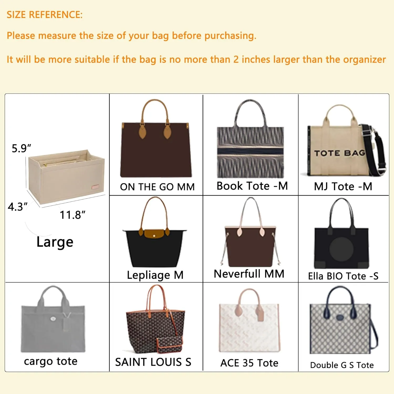 Bag Organizer Insert,Tote Bag Insert For On The Go MM, Handbag Inner Organizer,Handbag Storage,Tote Bags Felt Liner with Zipper(Beige,L)