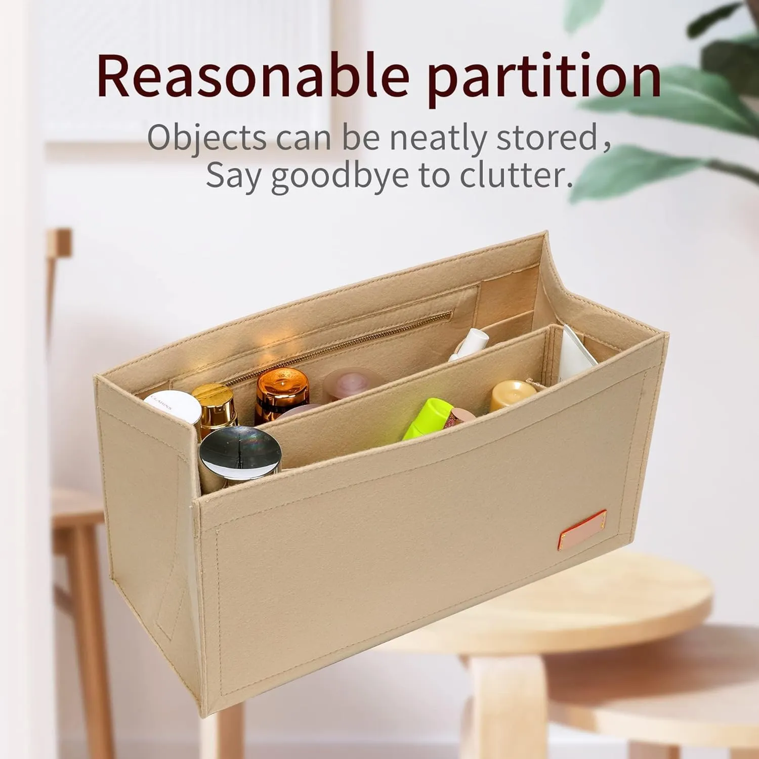 Bag Organizer Insert,Tote Bag Insert For On The Go MM, Handbag Inner Organizer,Handbag Storage,Tote Bags Felt Liner with Zipper(Beige,L)