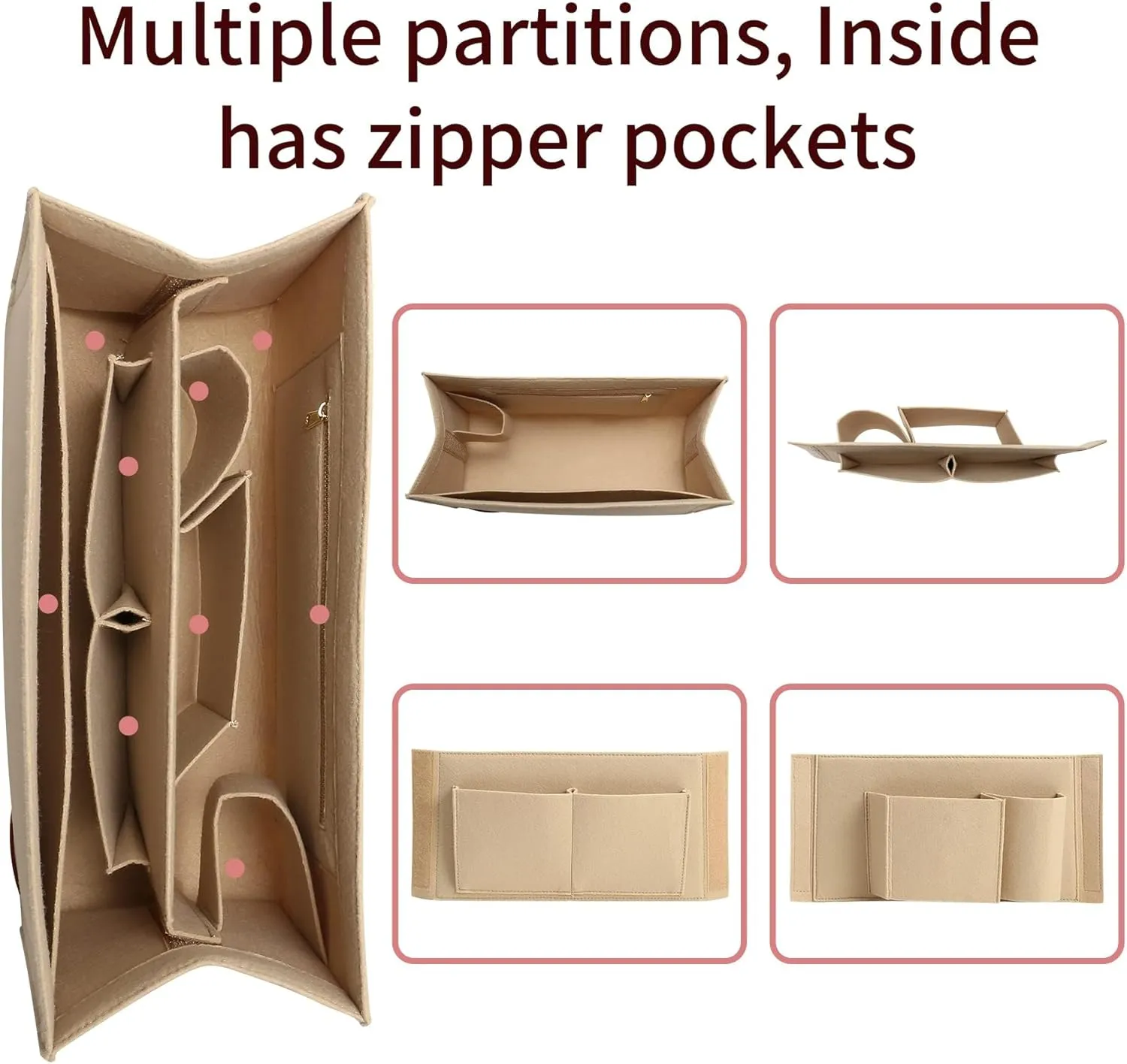 Bag Organizer Insert,Tote Bag Insert For On The Go MM, Handbag Inner Organizer,Handbag Storage,Tote Bags Felt Liner with Zipper(Beige,L)