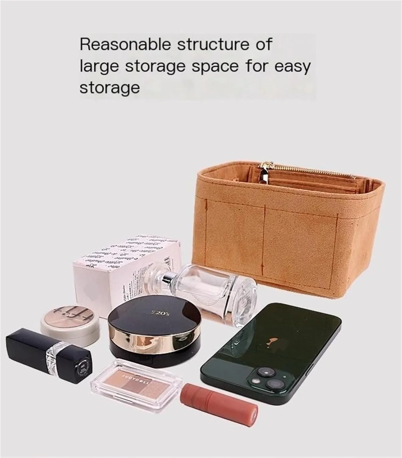 Bag Organizer Lined Storage Bag Bag Organizer Insert Portable Cosmetic Bag for Loewe(Khaki A,S)