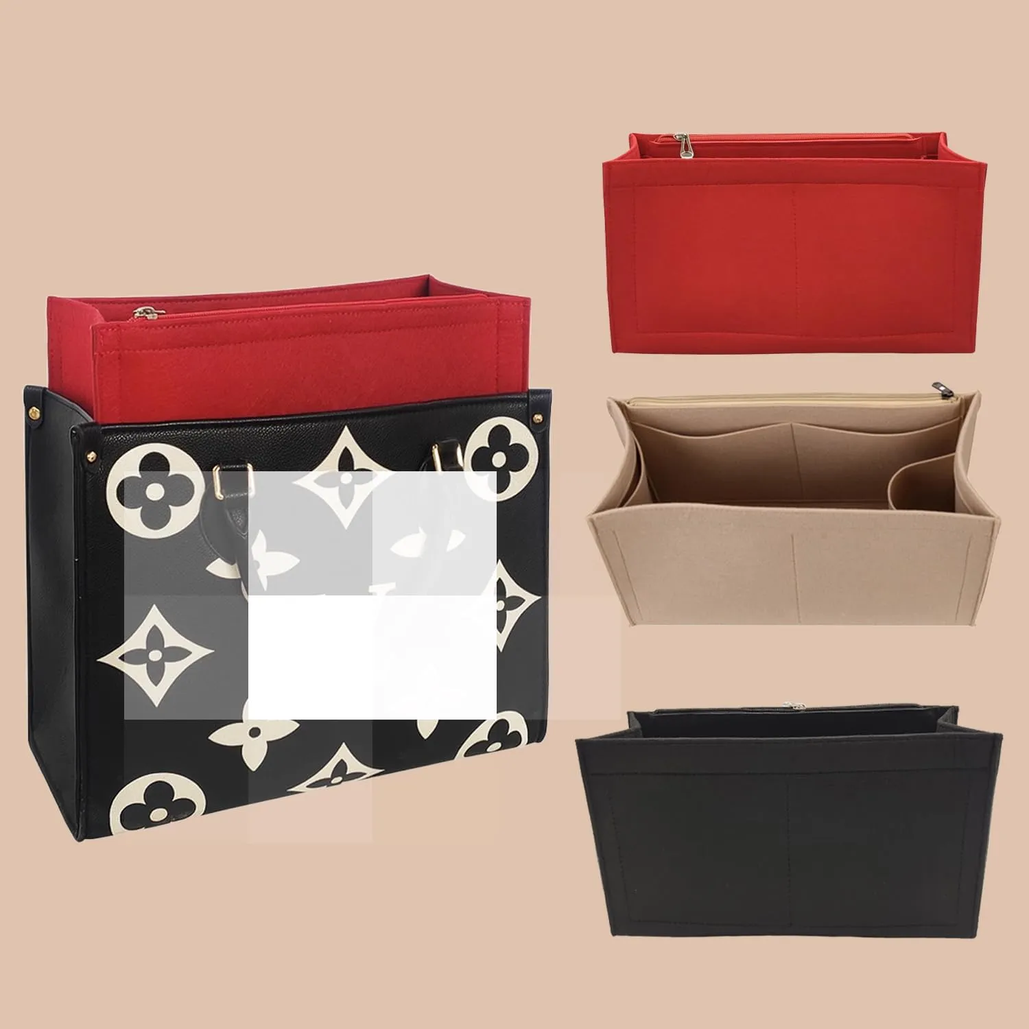 Bag Purse Organizer With Zipper, Tote Organizer Insert For LV ONTHEGO(L,(14.5x6.7x7.8),Black)