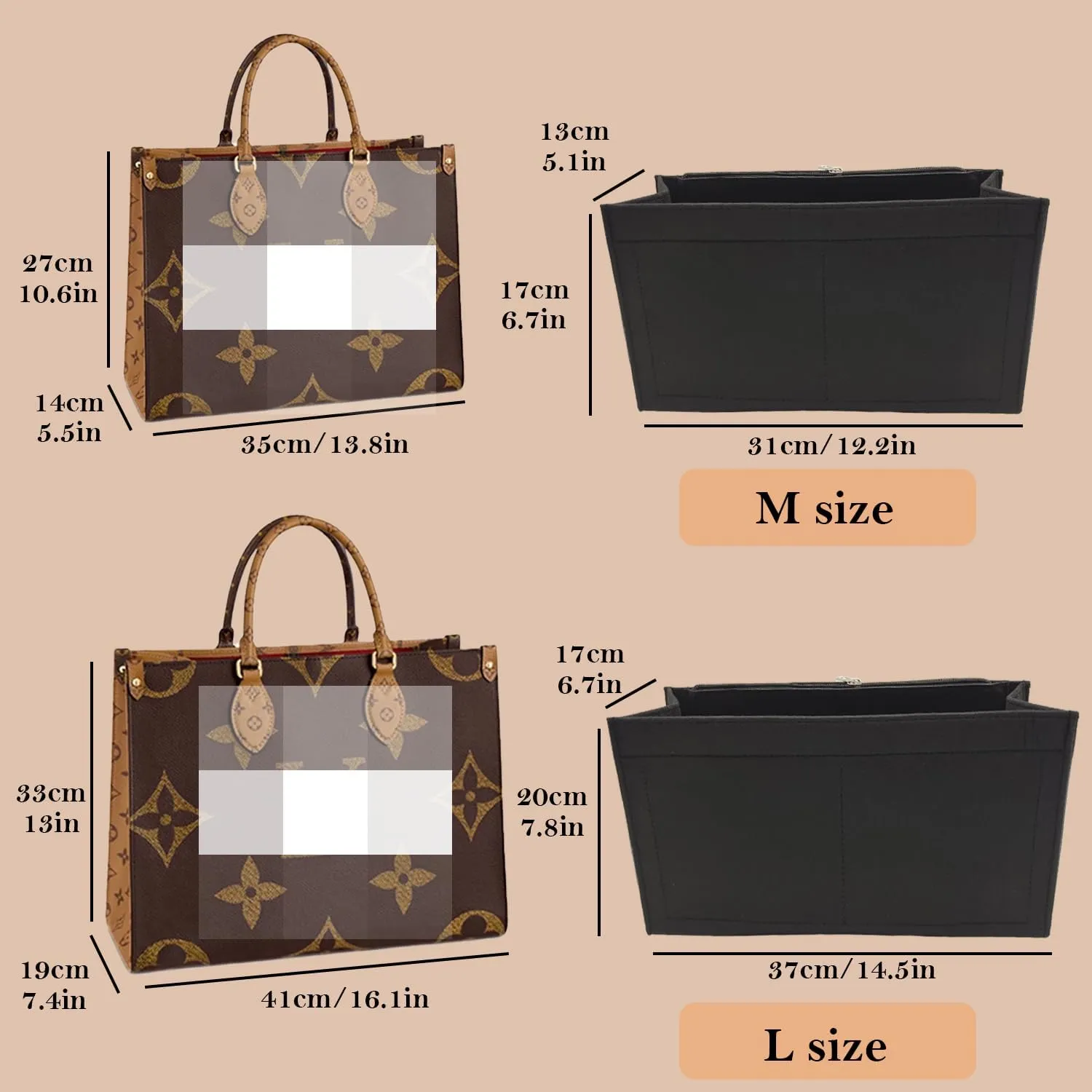 Bag Purse Organizer With Zipper, Tote Organizer Insert For LV ONTHEGO(L,(14.5x6.7x7.8),Black)