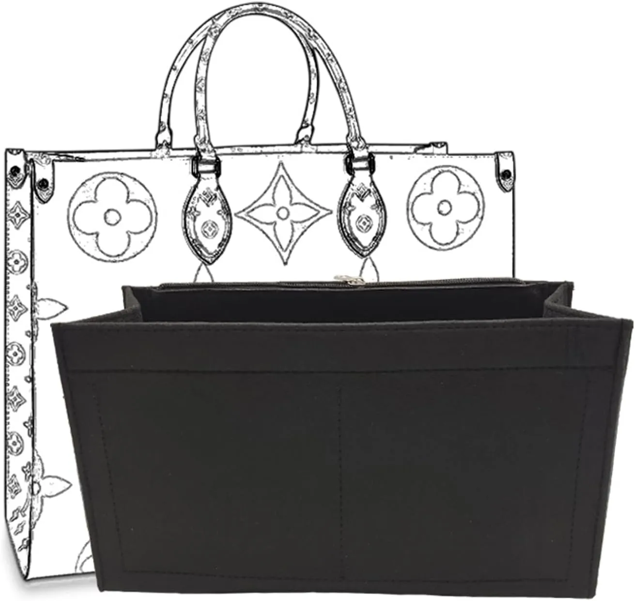 Bag Purse Organizer With Zipper, Tote Organizer Insert For LV ONTHEGO(L,(14.5x6.7x7.8),Black)