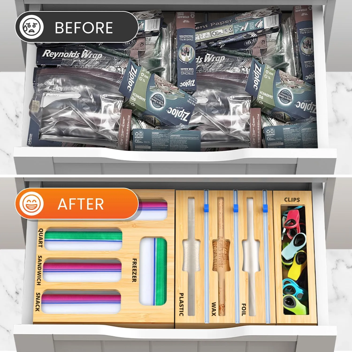 Bag Storage Organizer with Foil and Saran Wrap Dispenser With Cutter For Kitchen Drawer - 9 in 1 Bamboo Plastic Food Bag Storage Containers Perfect For Gallon, Quart Bags & 12" Rolls