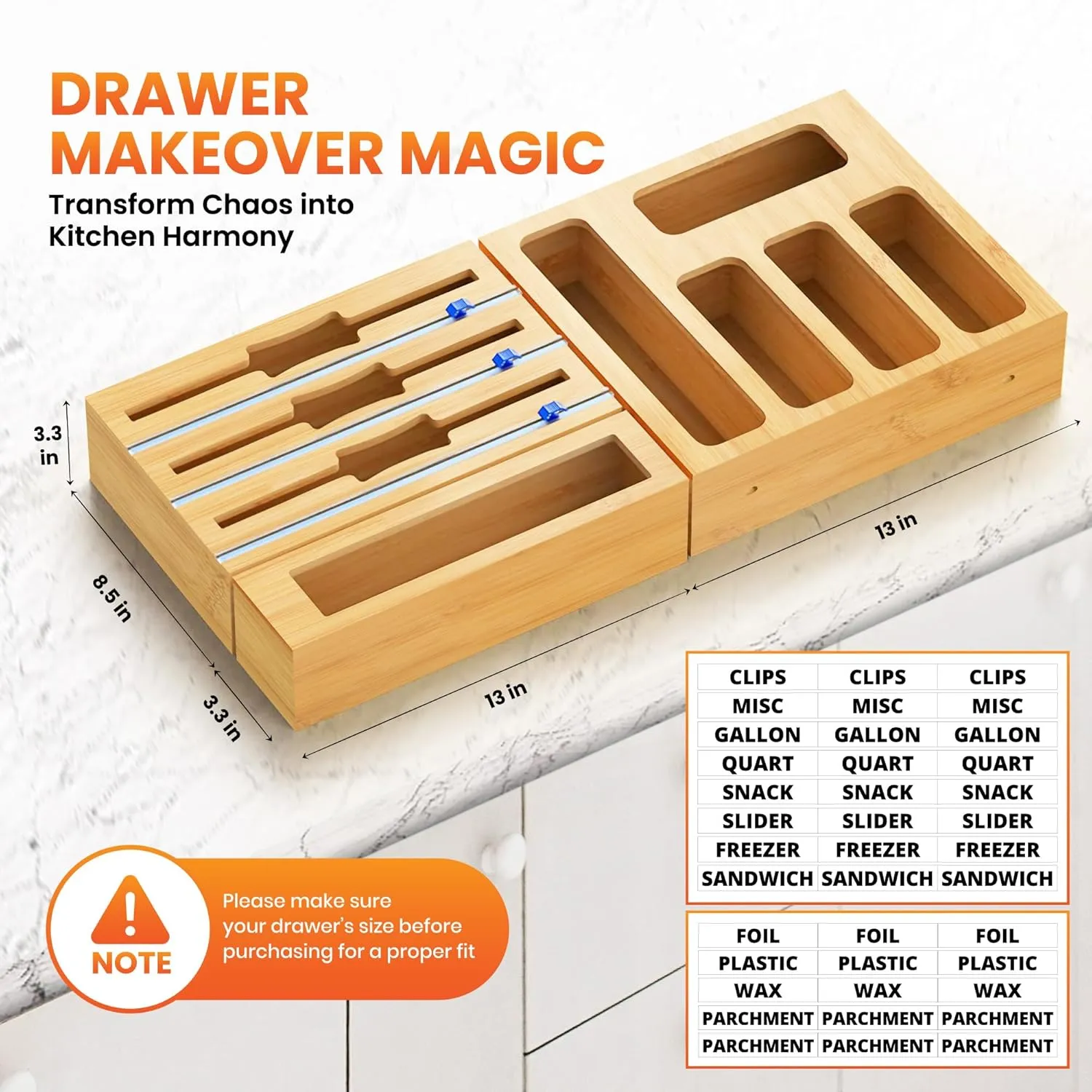 Bag Storage Organizer with Foil and Saran Wrap Dispenser With Cutter For Kitchen Drawer - 9 in 1 Bamboo Plastic Food Bag Storage Containers Perfect For Gallon, Quart Bags & 12" Rolls