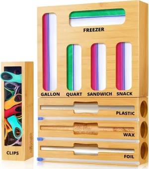 Bag Storage Organizer with Foil and Saran Wrap Dispenser With Cutter For Kitchen Drawer - 9 in 1 Bamboo Plastic Food Bag Storage Containers Perfect For Gallon, Quart Bags & 12" Rolls