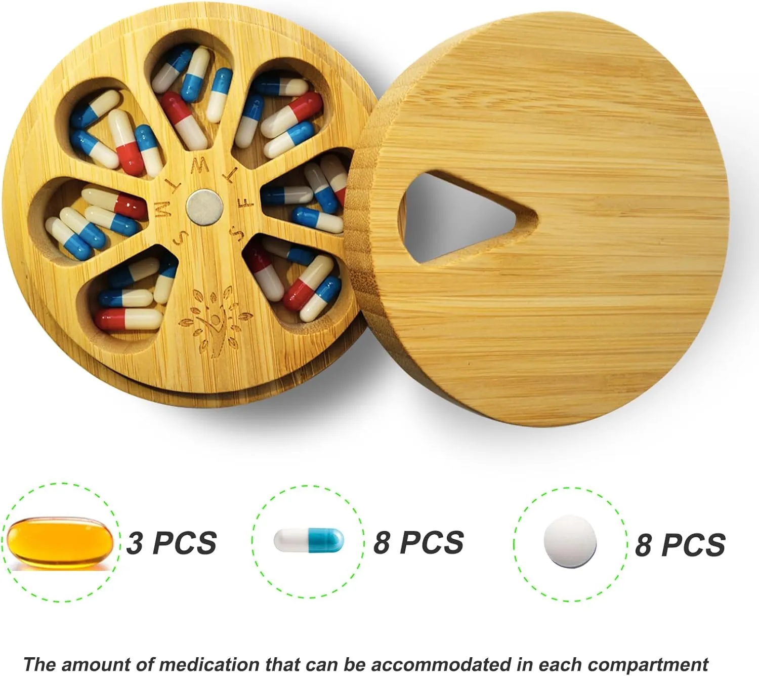 Bamboo Wood Pill Organizer for Medicine Vitamin Weekly, Arthritis Friendly 7-Day Pill Box Medium Container Holder, Daily Portable Travel Pill Case