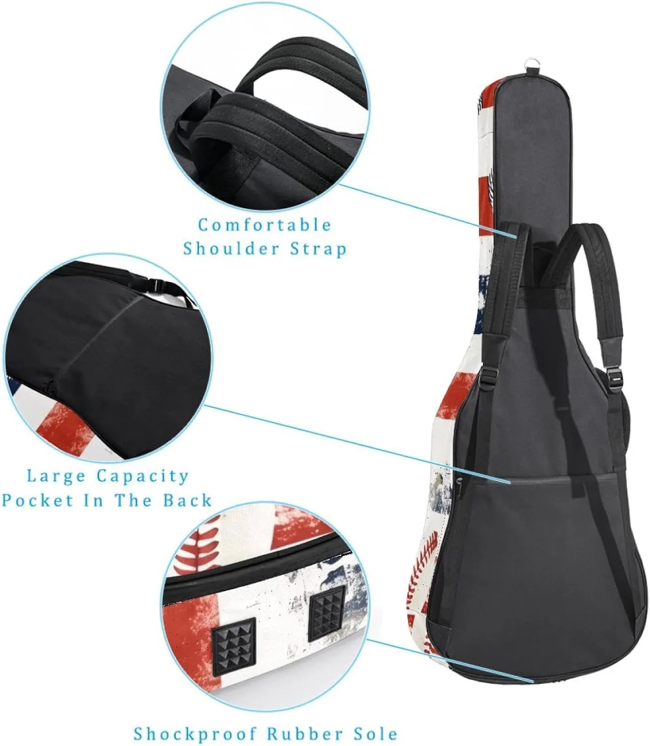 Baseball Blue and Red Stripe Print Acoustic Guitar Gig Bag, 1 cm Thick Padding Waterproof Guitar Case Backpack with Dual Adjustable Shoulder Strap for 40-42 Inch Guitar
