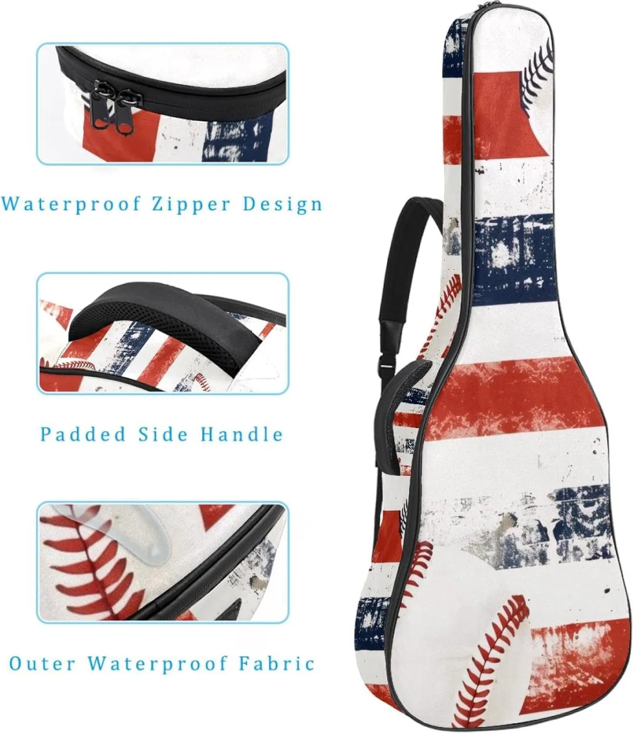 Baseball Blue and Red Stripe Print Acoustic Guitar Gig Bag, 1 cm Thick Padding Waterproof Guitar Case Backpack with Dual Adjustable Shoulder Strap for 40-42 Inch Guitar