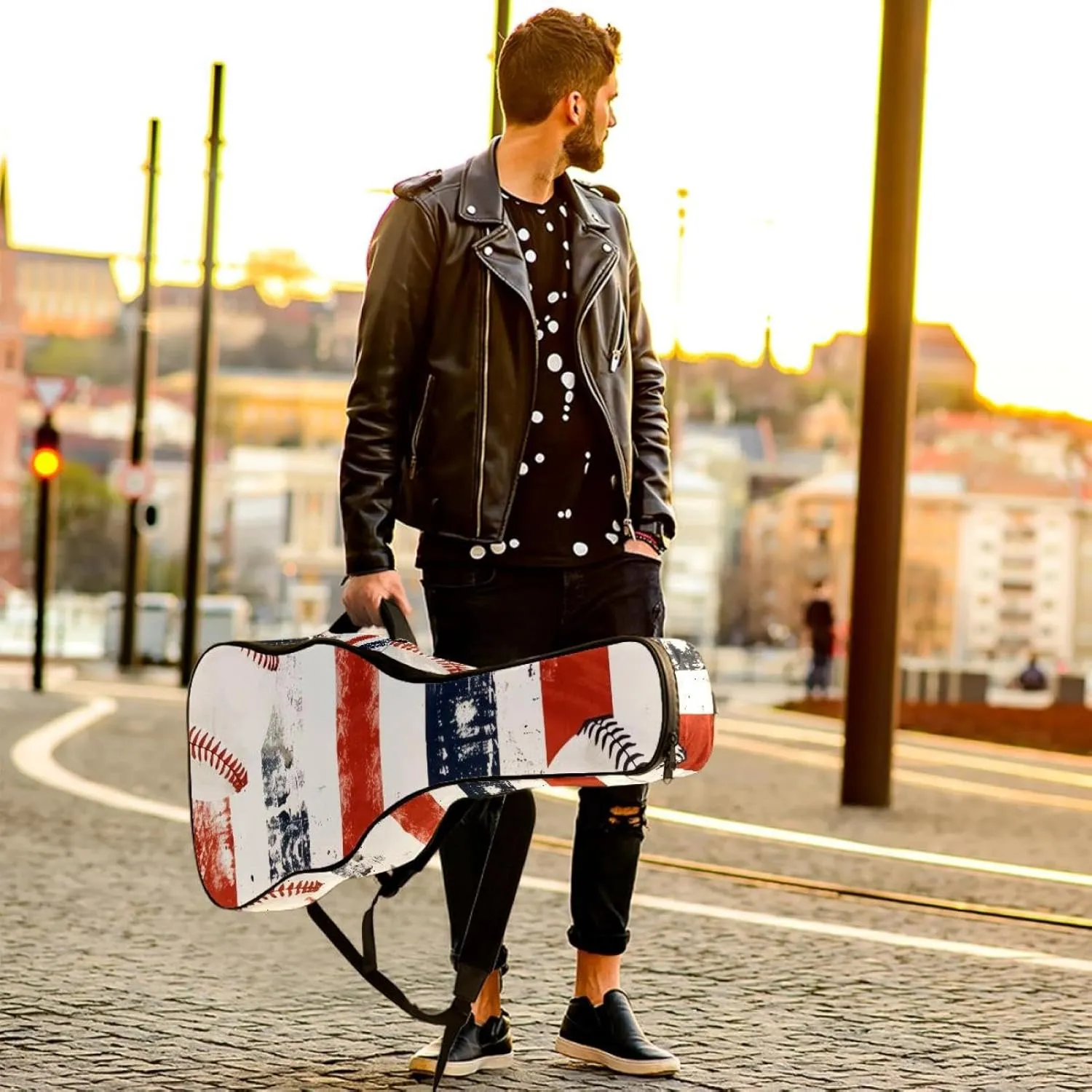 Baseball Blue and Red Stripe Print Acoustic Guitar Gig Bag, 1 cm Thick Padding Waterproof Guitar Case Backpack with Dual Adjustable Shoulder Strap for 40-42 Inch Guitar