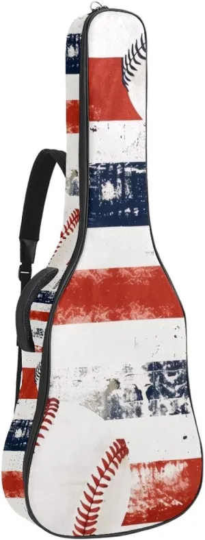 Baseball Blue and Red Stripe Print Acoustic Guitar Gig Bag, 1 cm Thick Padding Waterproof Guitar Case Backpack with Dual Adjustable Shoulder Strap for 40-42 Inch Guitar