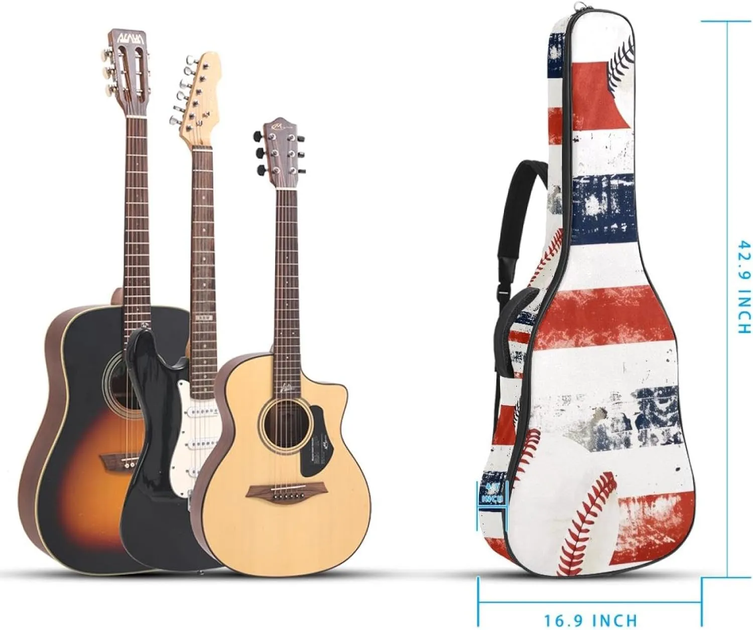 Baseball Blue and Red Stripe Print Acoustic Guitar Gig Bag, 1 cm Thick Padding Waterproof Guitar Case Backpack with Dual Adjustable Shoulder Strap for 40-42 Inch Guitar