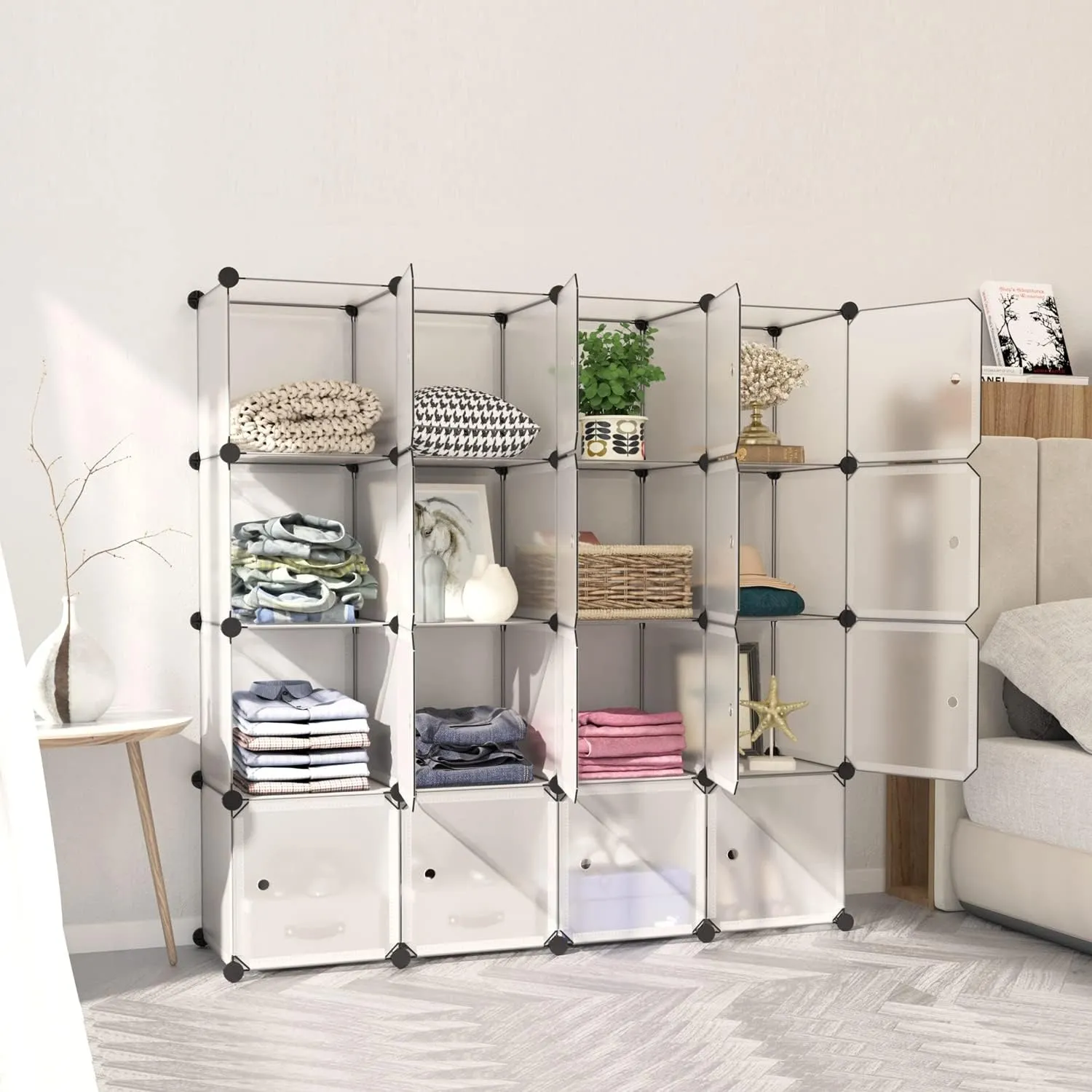 BASTUO Cube Storage Organizer with Doors, Plastic 16-Cube Storage with Doors for Livingroom, Bedroom and Office (White)