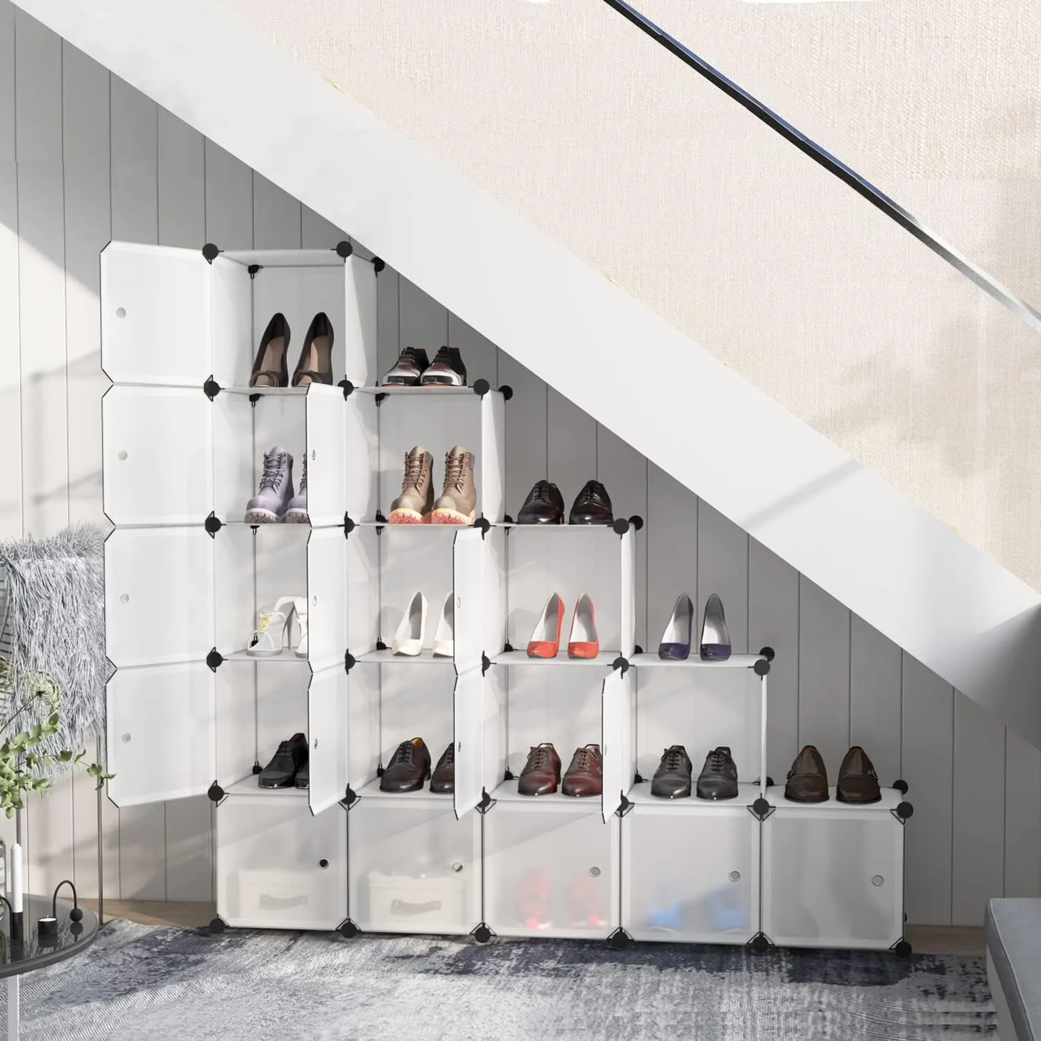 BASTUO Cube Storage Organizer with Doors, Plastic 16-Cube Storage with Doors for Livingroom, Bedroom and Office (White)