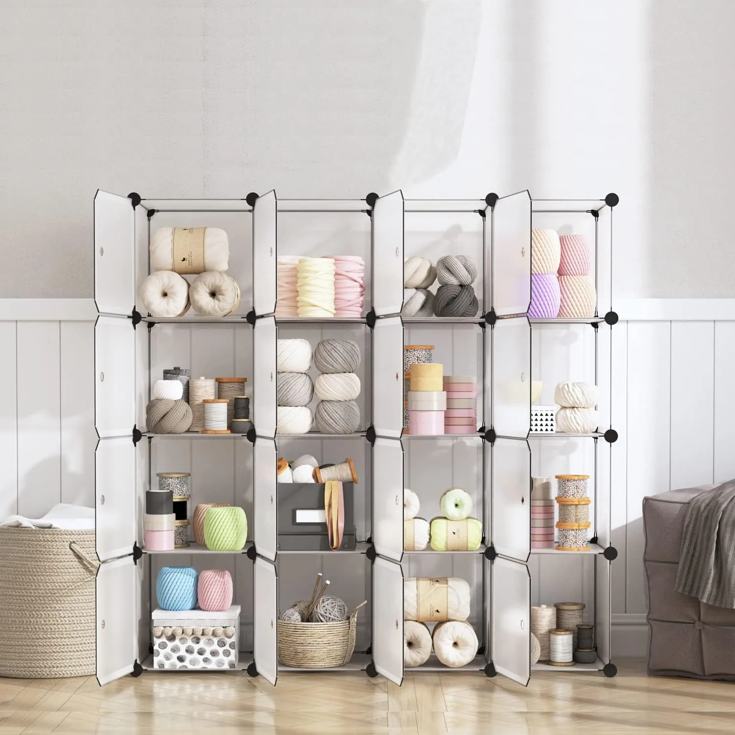 BASTUO Cube Storage Organizer with Doors, Plastic 16-Cube Storage with Doors for Livingroom, Bedroom and Office (White)