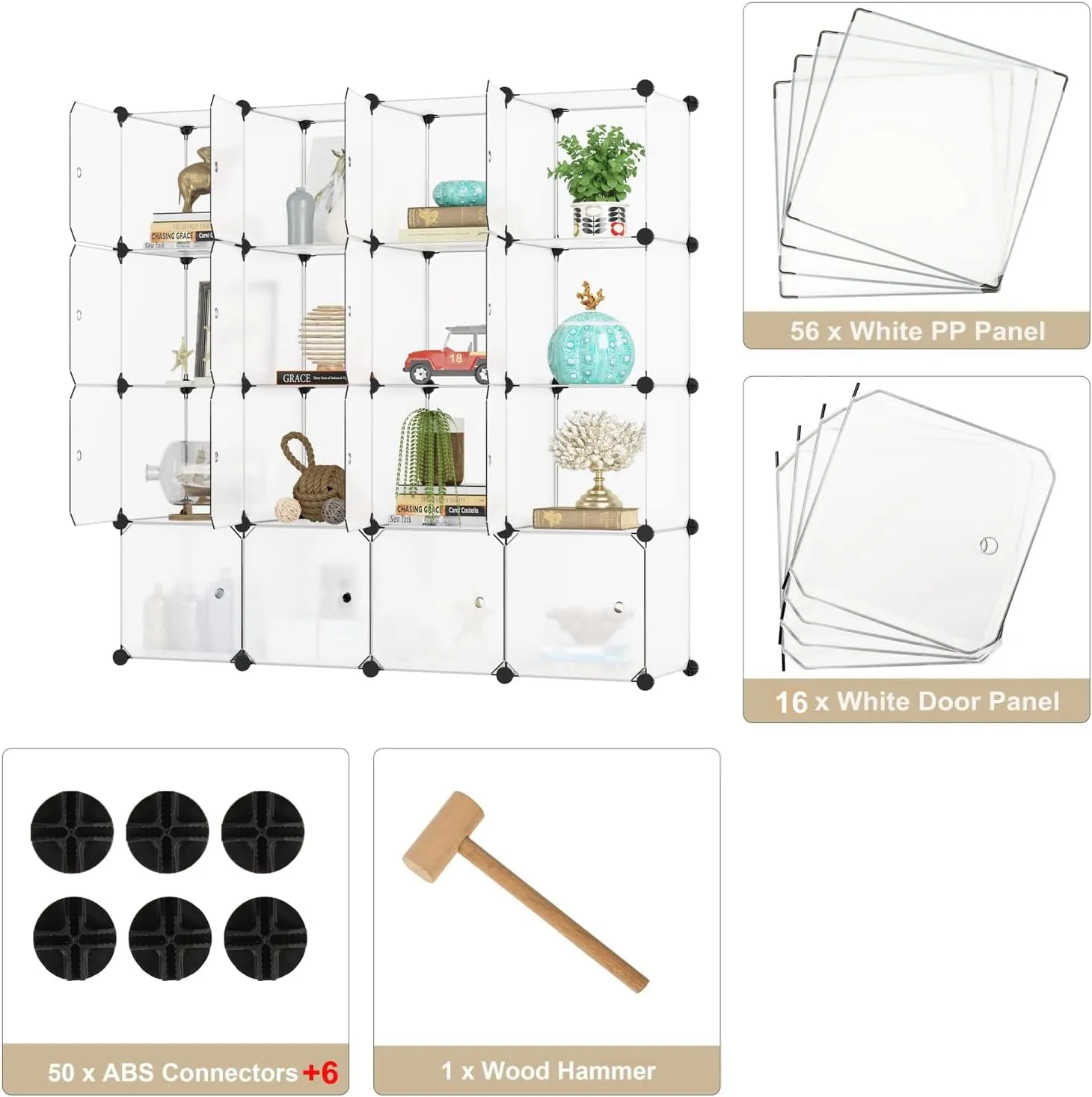 BASTUO Cube Storage Organizer with Doors, Plastic 16-Cube Storage with Doors for Livingroom, Bedroom and Office (White)