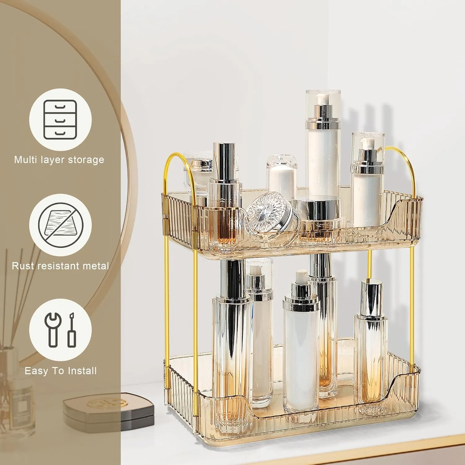 Bathroom Counter Organizer Countertop Storage Skincare Countertop Makeup Organizer Cosmetics Skincare Organizers Holder for Perfume-Amber-golden pole