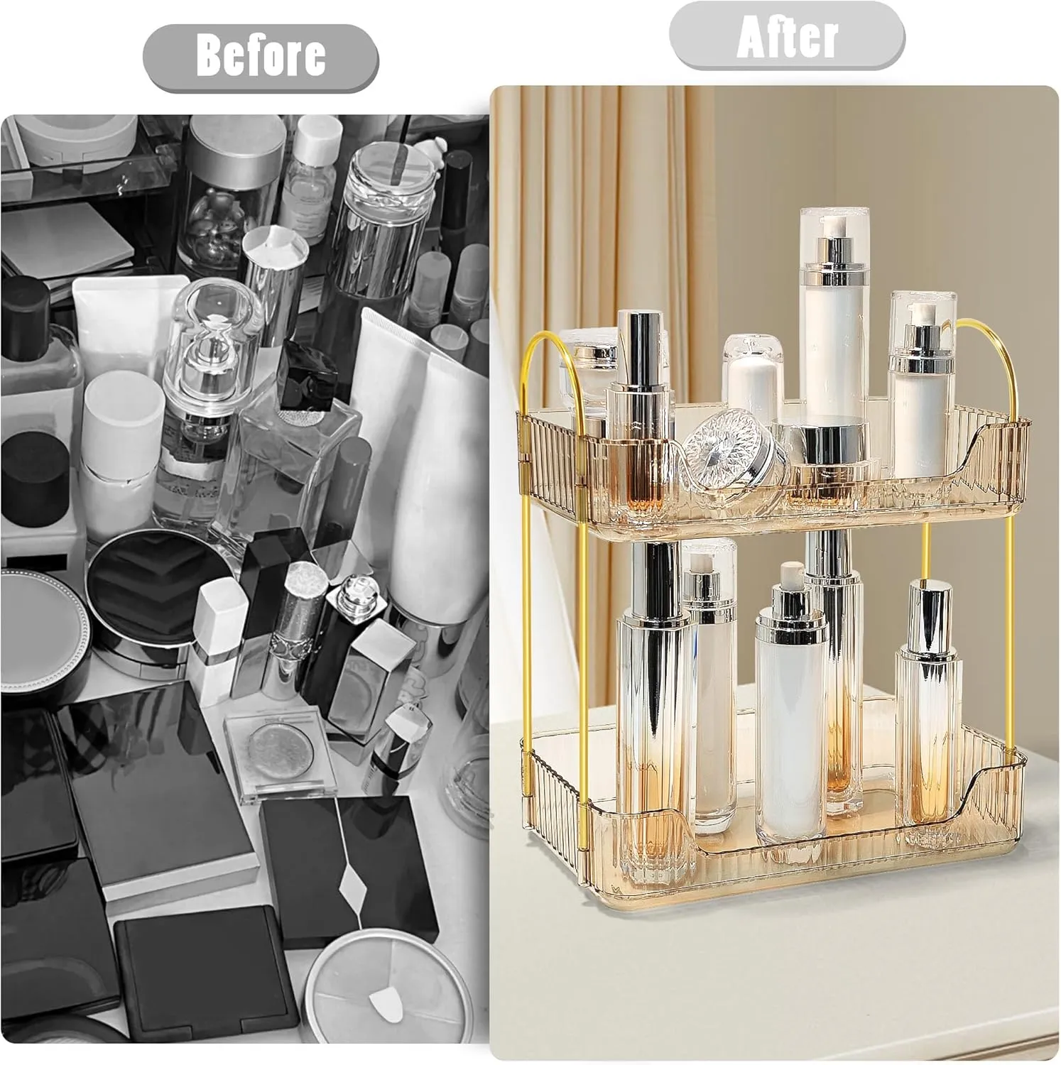 Bathroom Counter Organizer Countertop Storage Skincare Countertop Makeup Organizer Cosmetics Skincare Organizers Holder for Perfume-Amber-golden pole