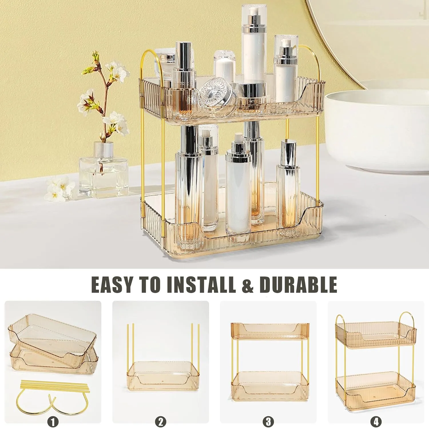 Bathroom Counter Organizer Countertop Storage Skincare Countertop Makeup Organizer Cosmetics Skincare Organizers Holder for Perfume-Amber-golden pole