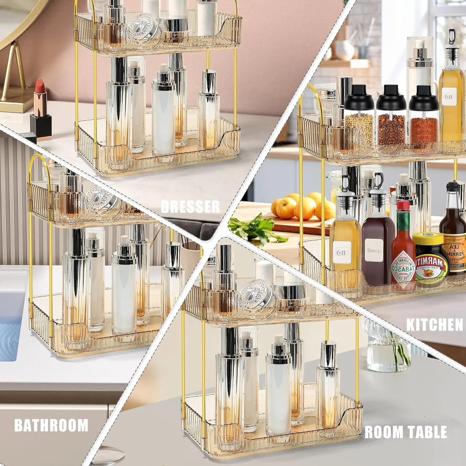 Bathroom Counter Organizer Countertop Storage Skincare Countertop Makeup Organizer Cosmetics Skincare Organizers Holder for Perfume-Amber-golden pole