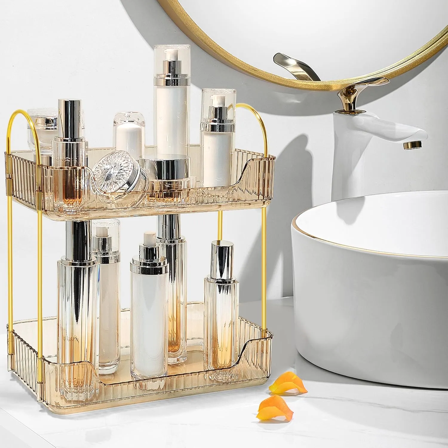 Bathroom Counter Organizer Countertop Storage Skincare Countertop Makeup Organizer Cosmetics Skincare Organizers Holder for Perfume-Amber-golden pole