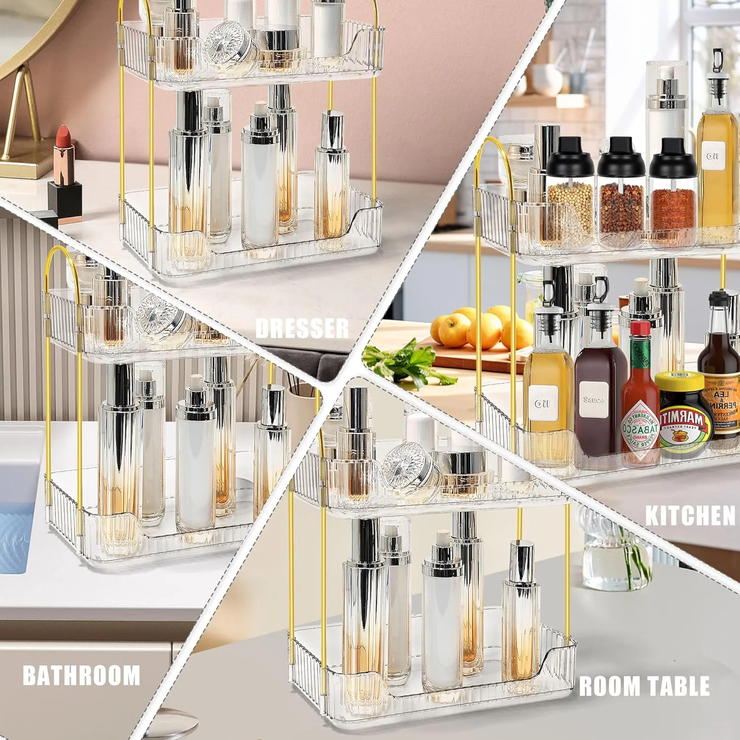 Bathroom Counter Organizer Countertop Storage Skincare Countertop Makeup Organizer Cosmetics Skincare Organizers Holder for Perfume-Clear-golden pole