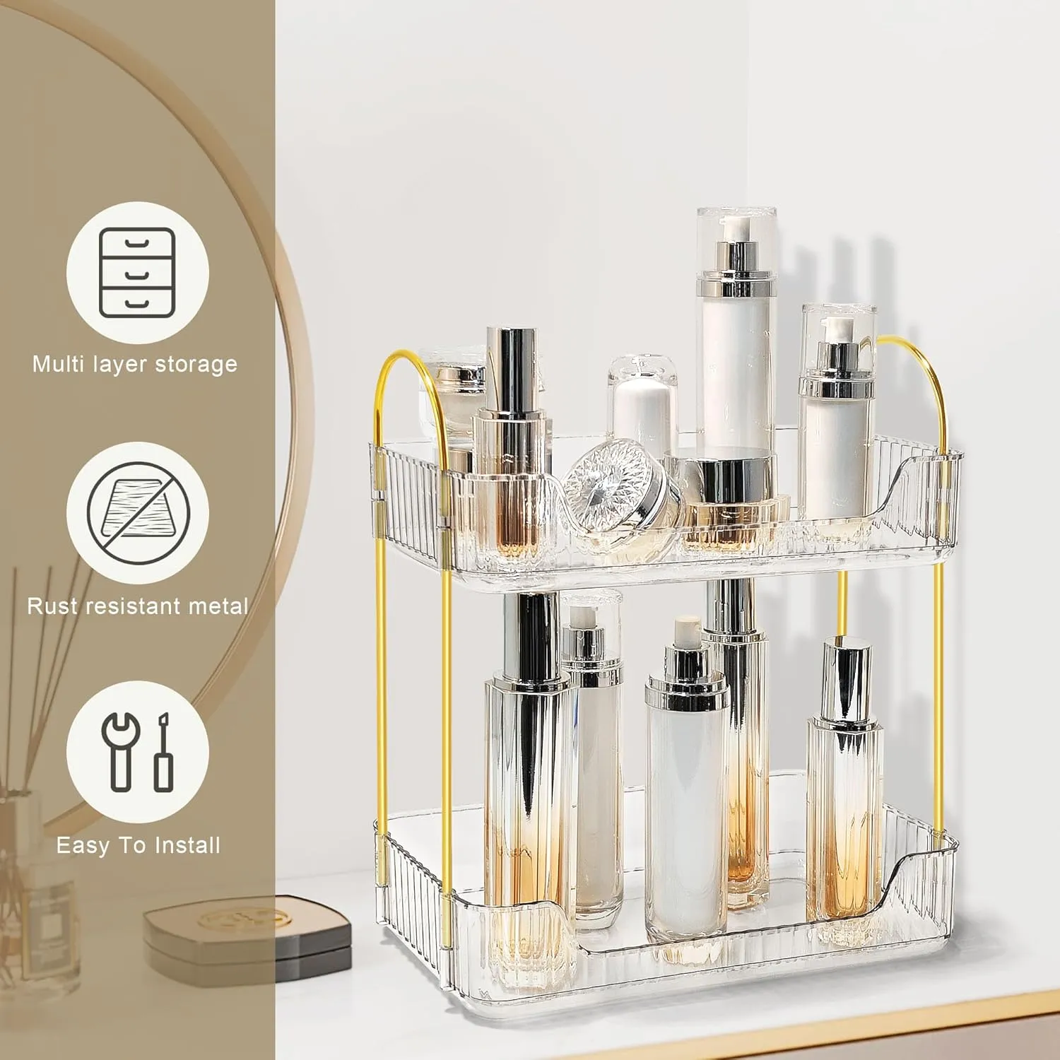 Bathroom Counter Organizer Countertop Storage Skincare Countertop Makeup Organizer Cosmetics Skincare Organizers Holder for Perfume-Clear-golden pole
