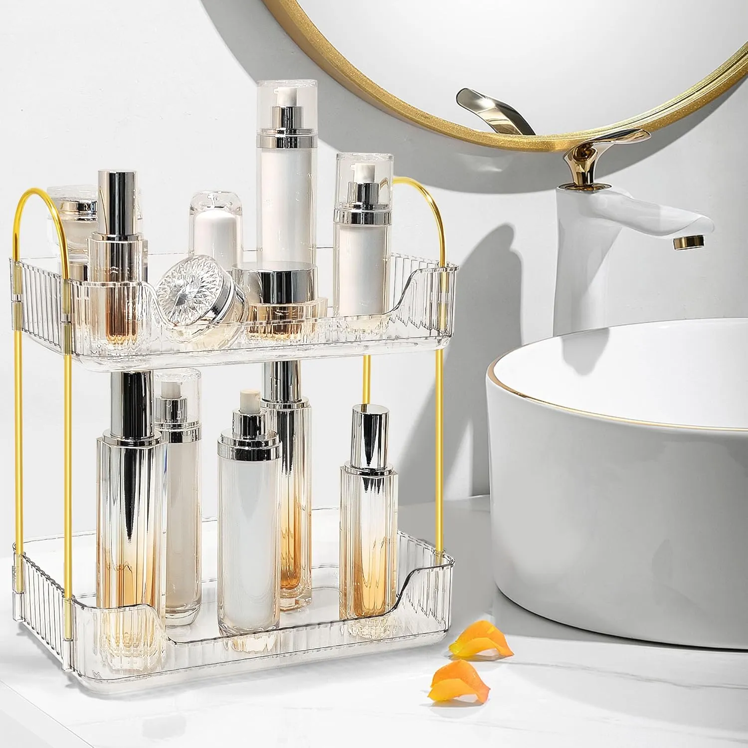 Bathroom Counter Organizer Countertop Storage Skincare Countertop Makeup Organizer Cosmetics Skincare Organizers Holder for Perfume-Clear-golden pole