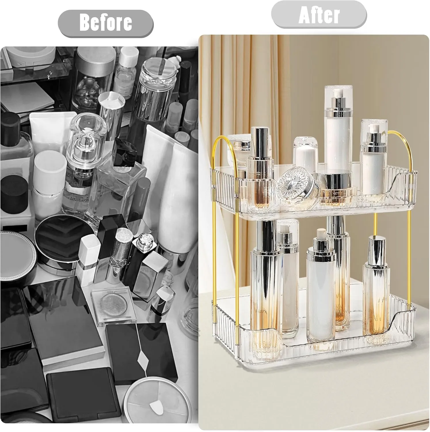 Bathroom Counter Organizer Countertop Storage Skincare Countertop Makeup Organizer Cosmetics Skincare Organizers Holder for Perfume-Clear-golden pole
