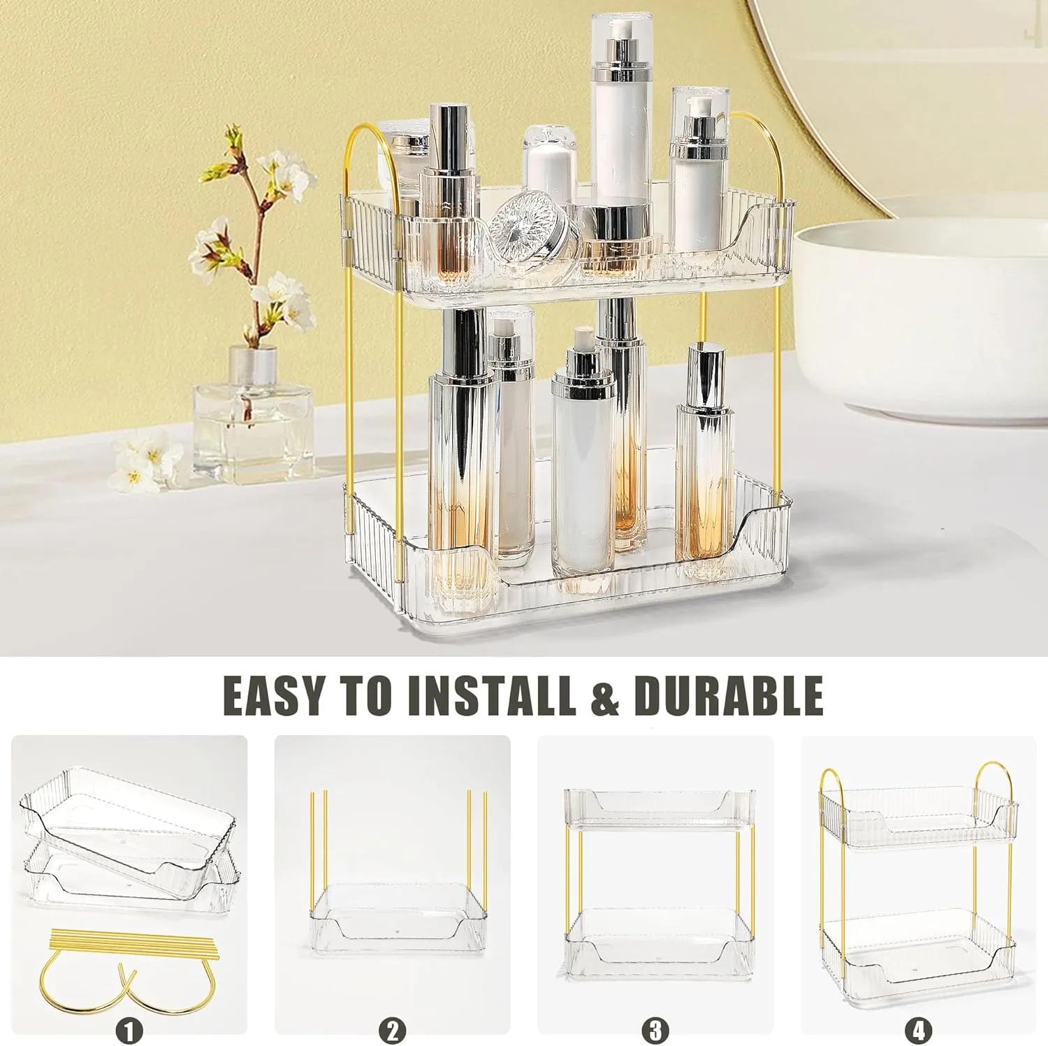 Bathroom Counter Organizer Countertop Storage Skincare Countertop Makeup Organizer Cosmetics Skincare Organizers Holder for Perfume-Clear-golden pole